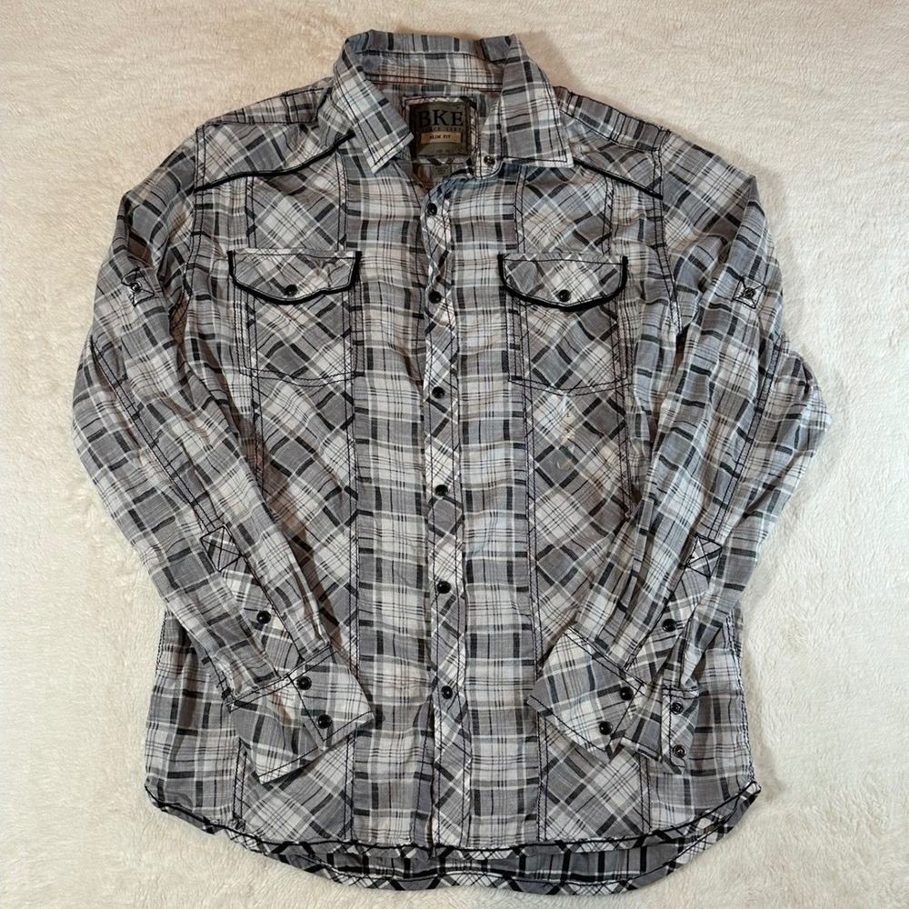 BKE Slim Fit Mens Large Grey Plaid Western Button Down Shirt Long Sleeve Pocket